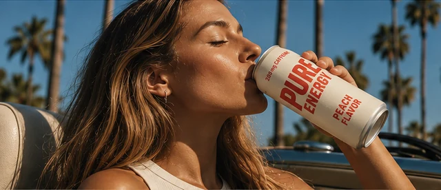 Pure Energy Peach in a sunlit Los Angeles convertible campaign